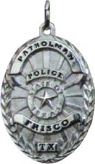 sterling silver custom mini-badge jewelry pendant; Frisco Police Patrolman; also available in 14k yellow or white gold