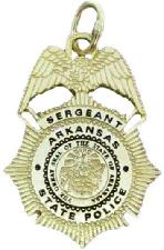 14k yellow gold custom mini-badge jewelry pendant; eagle top badge design of Arkansas State Police Trooper Sergeant