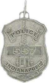 sterling silver custom mini-badge jewelry pendant; shield shaped design of Indianapolis Police Department; also available as mini-badge tie tac, lapel pin, cuff links