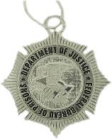 14k white gold custom mini-badge jewelry pendant; round sunburst badge design of Federal Bureau of Prisons; also available as mini-badge tie tac, lapel pin, cuff links