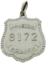 14k white gold custom sculpted 3D mini-badge jewelry pendant, design of Houston Police Officer badge