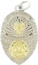 sterling silver two tone with gold plated highlights custom mini-badge jewelry pendant; shield shaped badge design of the West Metro Fire Department; also available as mini-badge tie tac, lapel pin, cuff links