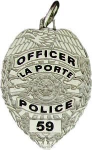 custom 2d sterling silver, 10k or 14k white gold police mini-badge jewelry charm in design of La Porte Police Department Officer badge