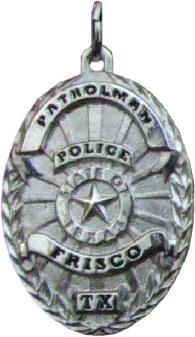 sterling silver custom 3D sculpted oval mini-badge jewelry pendant; design of Frisco Police Department; also available as lapel pin, tie tac, cuff links