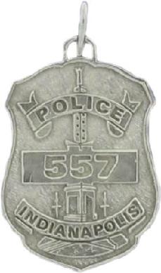 sterling silver custom mini-badge jewelry pendant; shield shaped design of Indianapolis Police Department; also available as mini-badge tie tac, lapel pin, cuff links
