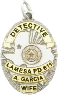 two tone sterling silver custom mini-badge jewelry pendant with gold plated ribbons and Texas cut out; oval shaped badge design of Lamesa Police Department; also available as mini-badge tie tac, lapel pin, cuff links