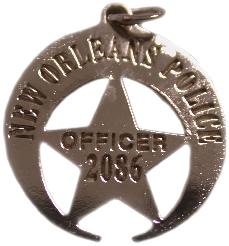 sterling silver custom mini-badge jewelry pendant, five point 5 point 5 pt star design of New Orleans Police Department; also available as mini-badge tie tac, lapel pin, cuff links