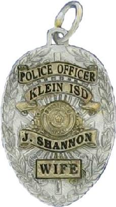 two tone gold plated sterling silver custom mini-badge jewelry pendant; oval shaped badge design of Klein ISD Police; also available as mini-badge tie tac, lapel pin, cuff links