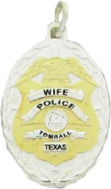 two tone gold plated sterling silver custom mini-badge jewelry pendant with round brilliant diamond; oval shaped badge design of Tomball Police Department; also available as mini-badge tie tac, lapel pin, cuff links