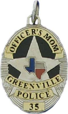 two tone 14k white gold custom mini-badge jewelry pendant with yellow gold plated ribbons, 5 point star, and Texas cut out; oval shaped badge design of Greenville Police Department; also available as mini-badge tie tac, lapel pin, or cuff links