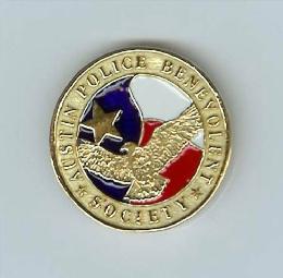 gold plated sterling silver custom mini-badge lapel pin; round badge design of Austin Police Benevolent Society with baked acrylic colors of red, white, and blue; also available as tie tac, pendant, cuff links